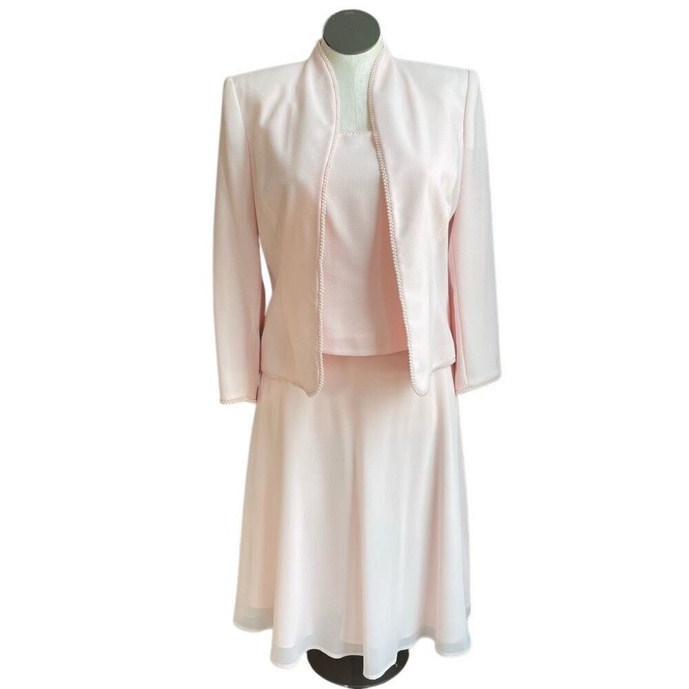 Draper's & Damon's Womens 3 Pc Skirt Suit 12 Pink Chiffon Beaded Trim MOB MOH